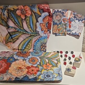 Floral Shower Curtain Matching Set 3 Mats 2 Valances Rings Accesories